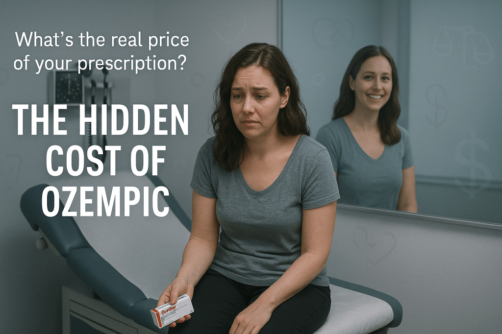 A woman holding an Ozempic box looks sad while sitting in a medical office; her reflection in the mirror shows a healthier, smiling version of herself