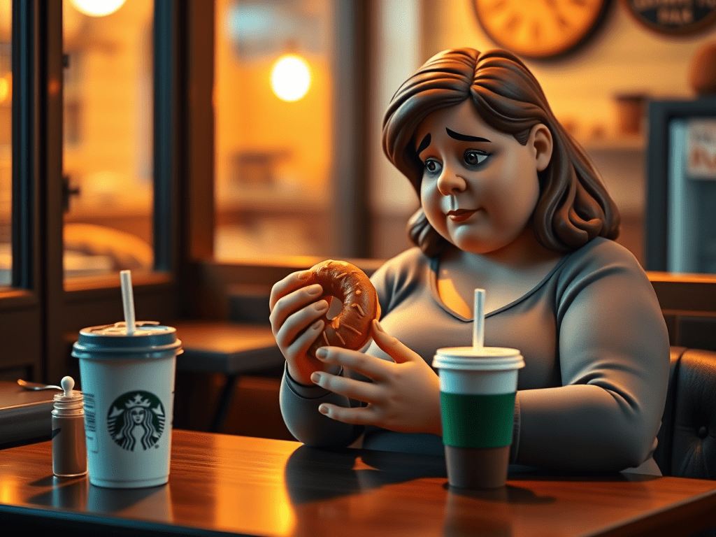 Overweight woman eating a donut at a bakery table, symbolizing emotional eating and food addiction, while a hopeful figure watches from afar.