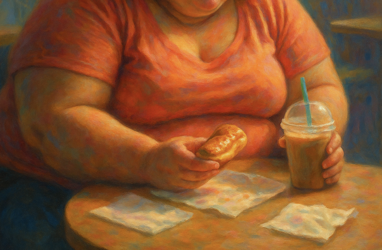 Overweight woman eating a donut at a bakery table, symbolizing emotional eating and food addiction, while a hopeful figure watches from afar.